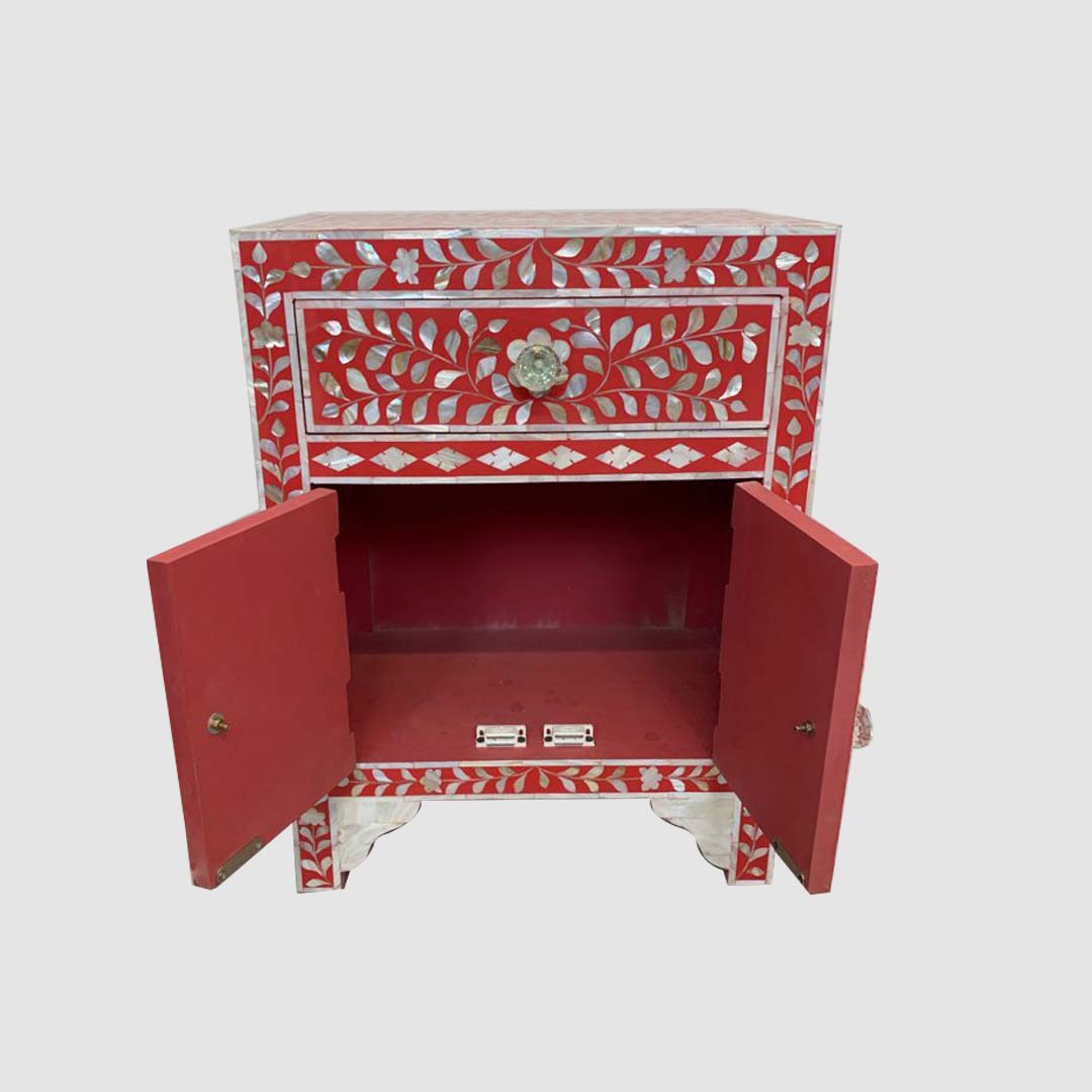 HANDMADE MOTHER OF PEARL INLAY BEDSIDE TABLE- Floral/Red
