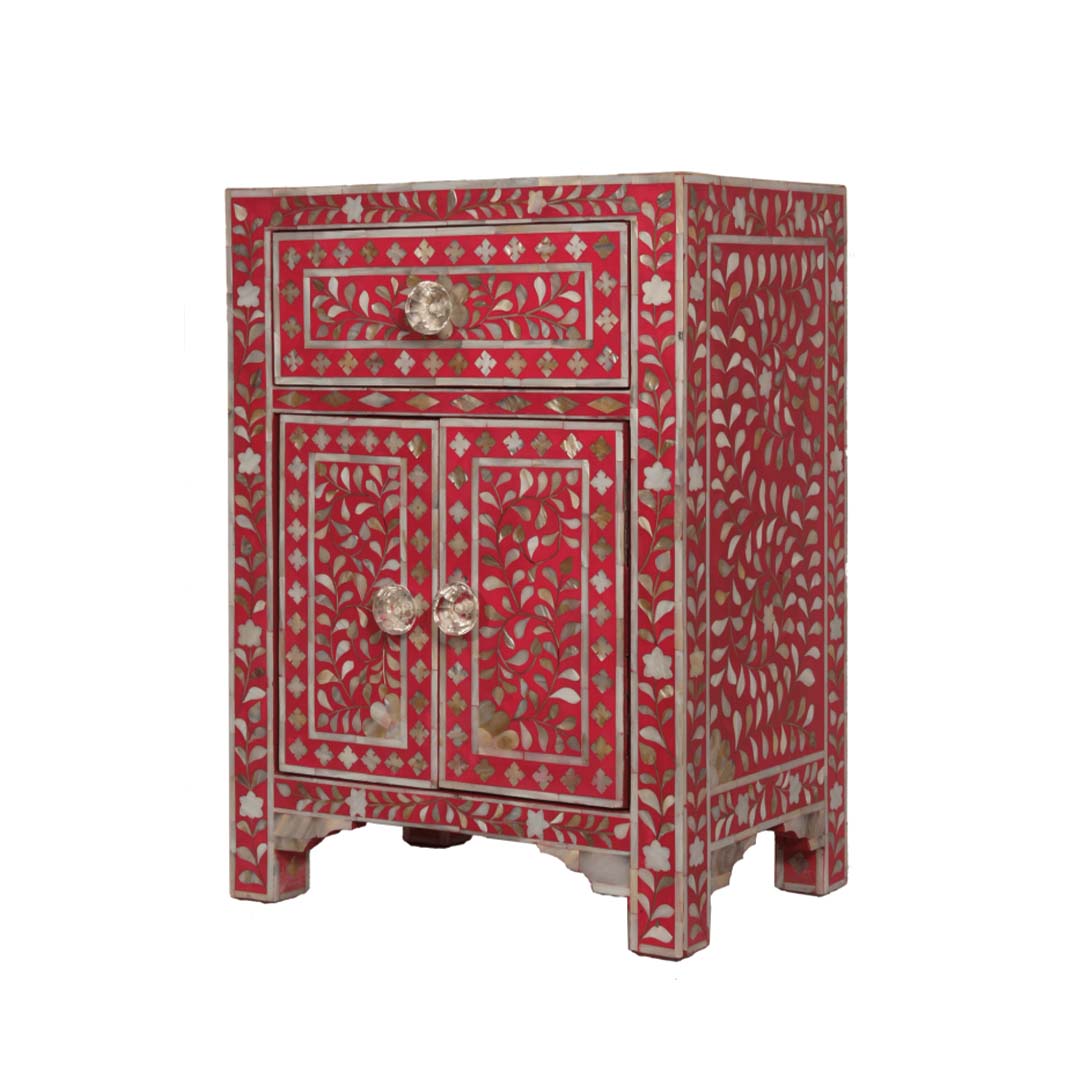 HANDMADE MOTHER OF PEARL INLAY BEDSIDE TABLE- Floral/Red