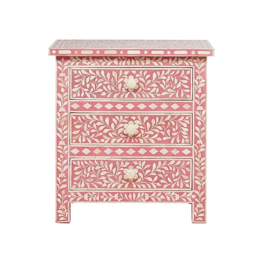 HANDMADE FLORAL PATTERN PINK BONE INLAY FLORAL PATTERN BED SIDE TABLE