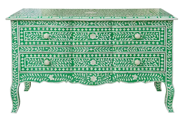 Handmade Green Bone Inlay Personalized Crafted Floral Vintage Chest of 2 Drawers