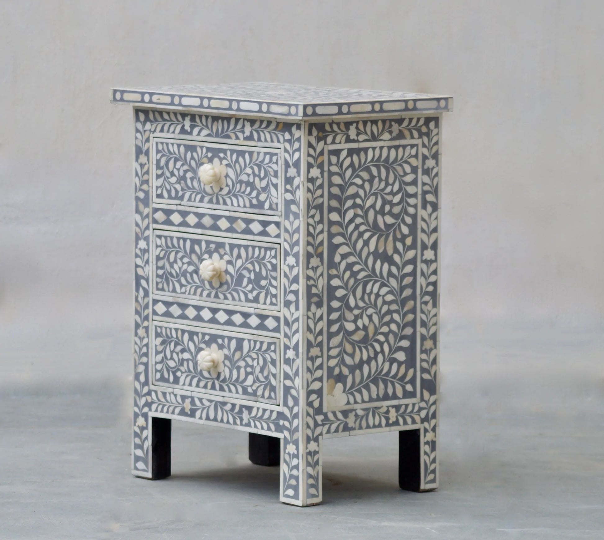 Handmade Bone Inlay Grey Floral Pattern Nightstand for Home