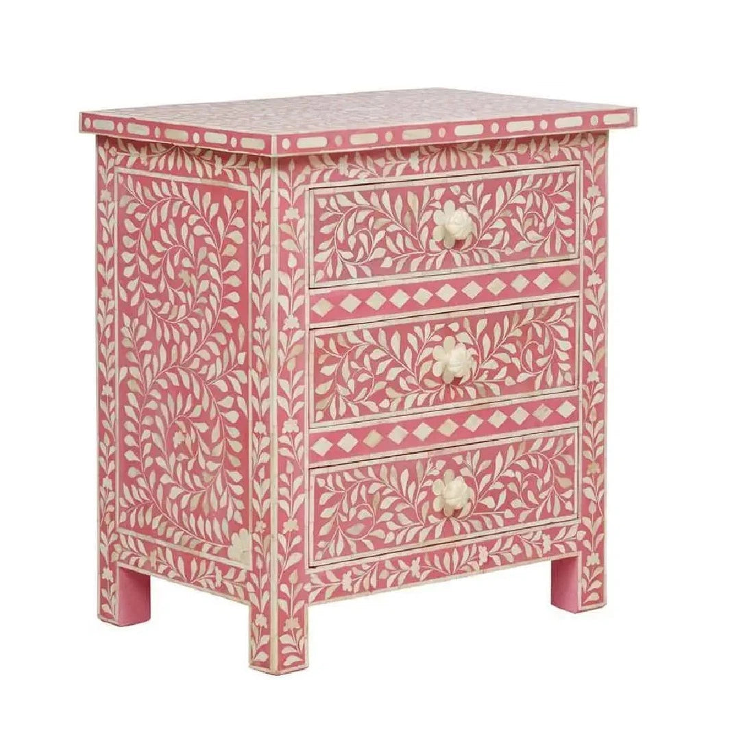 Bone Inlay Handmade Pink Floral Pattern Bedside for Home Decor