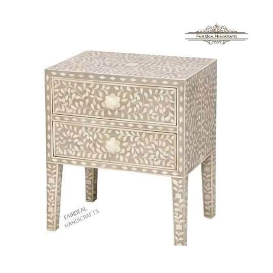 Handcrafted Bone Inlay Floral Pattern Nightstand