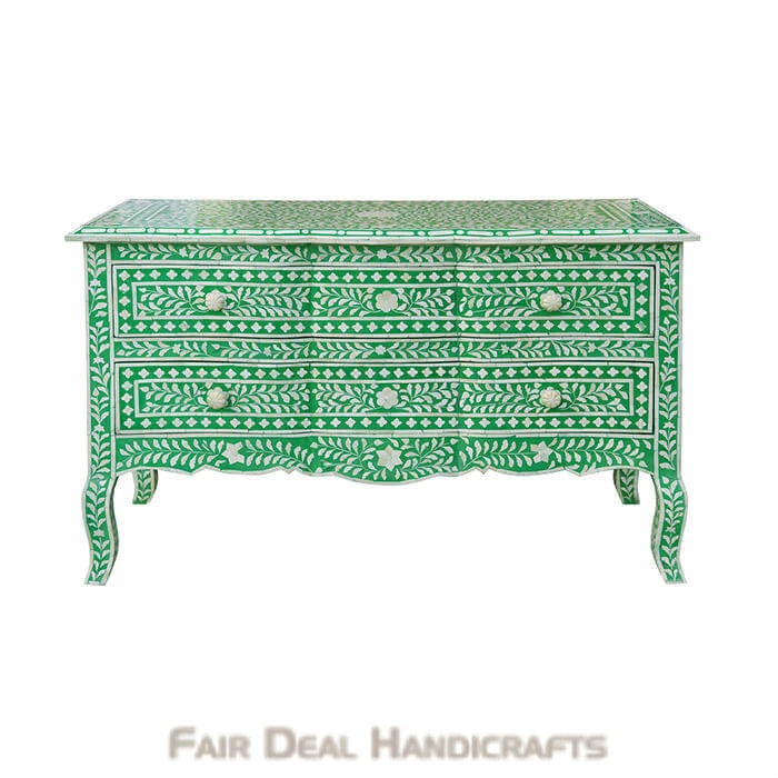 Handmade Green Bone Inlay Personalized Crafted Floral Vintage Chest of 2 Drawers