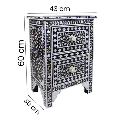 HANDMADE  MOTHER OF PEARL INLAY BEDSIDE TABLE- Floral/Black