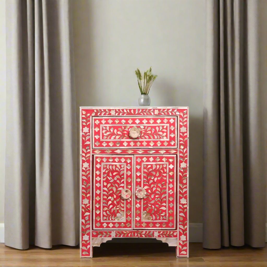 Handmade Red Mother of Pearl Inlay Floral Bedside/Nightstand/ End Table for Home and Living Room Furniture