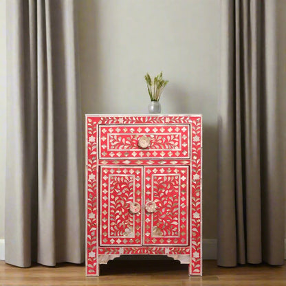 Handmade Red Mother of Pearl Inlay Floral Bedside/Nightstand/ End Table for Home and Living Room Furniture