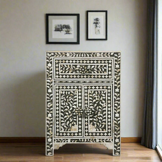 HANDMADE BLACK MOTHER OF PEARL INLAY BEDSIDE NIGHTSTAND TABLE