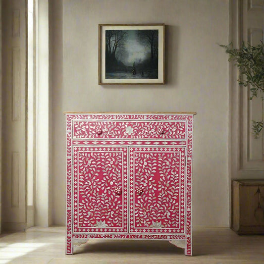 HANDMADE FLORAL PATTERN PINK MOTHER OF PEARL INLAY NIGHTSTAND BEDSIDE CABINET