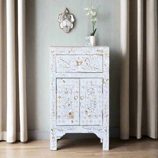 HANDMADE WHITE MOTHER OF PEARL BEDSIDE TABLE FOR HOME DECOR LIVING ROOM