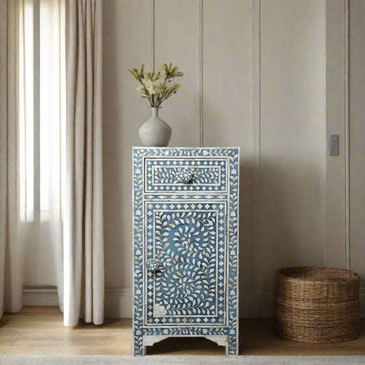 HANDMADE FLORAL PATTERN BLUE MOTHER OF PEARL INLAY BEDSIDE TABLE