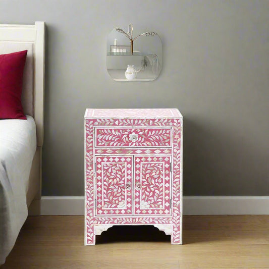 Handmade Pink Mother of Pearl handmade vintage bedside table for living room