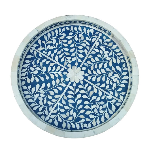 Handmade Bone Inlay Blue Floral Round Tray