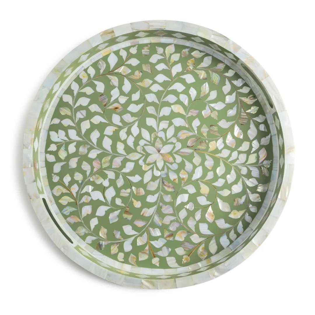 Handcrafted Mother Of Pearl Inlay Tray- Olive Green