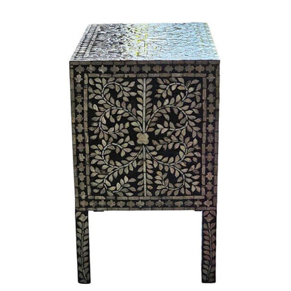 HANDMADE MOTHER OF PEARL INLAY BEDSIDE TABLE- Floral/Black