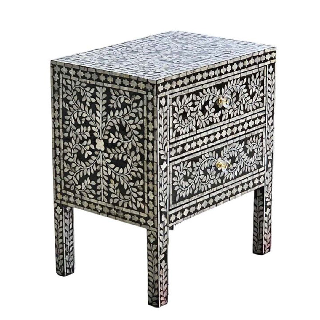 HANDMADE MOTHER OF PEARL INLAY BEDSIDE TABLE- Floral/Black