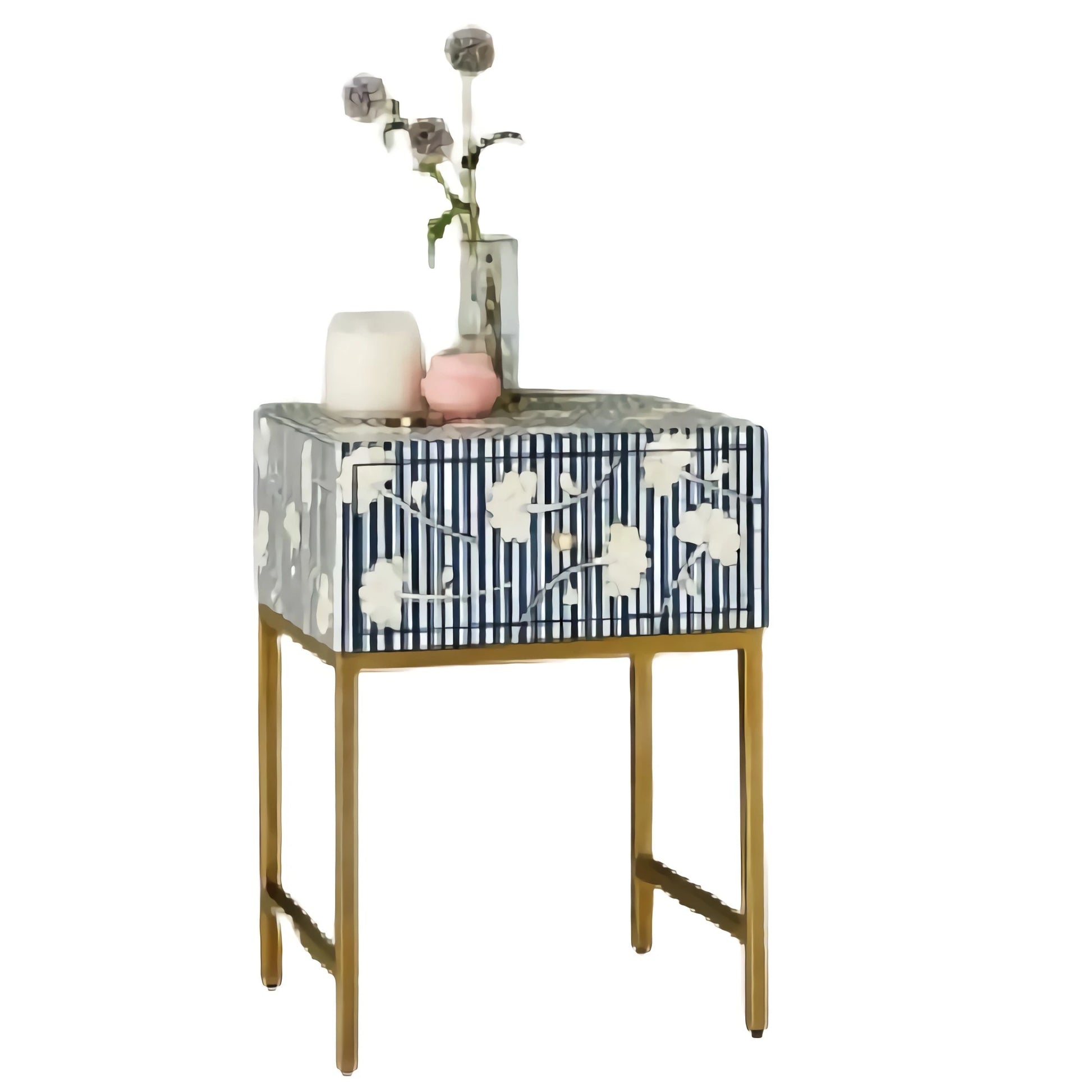 Handmade Bone Inlay Blue Floral Pattern Nightstand with Metal Base
