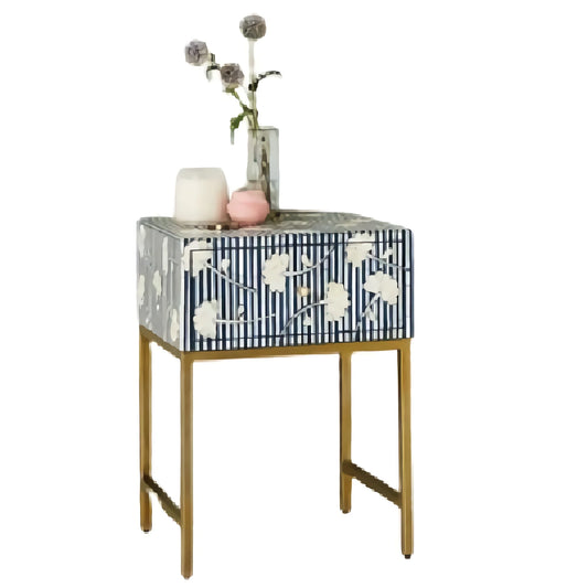 Handmade Bone Inlay Blue Floral Pattern Nightstand with Metal Base