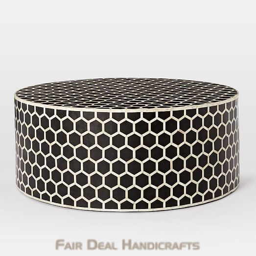 Geometric Honeycomb Pattern Bone Inlay Round Coffee Table - Black
