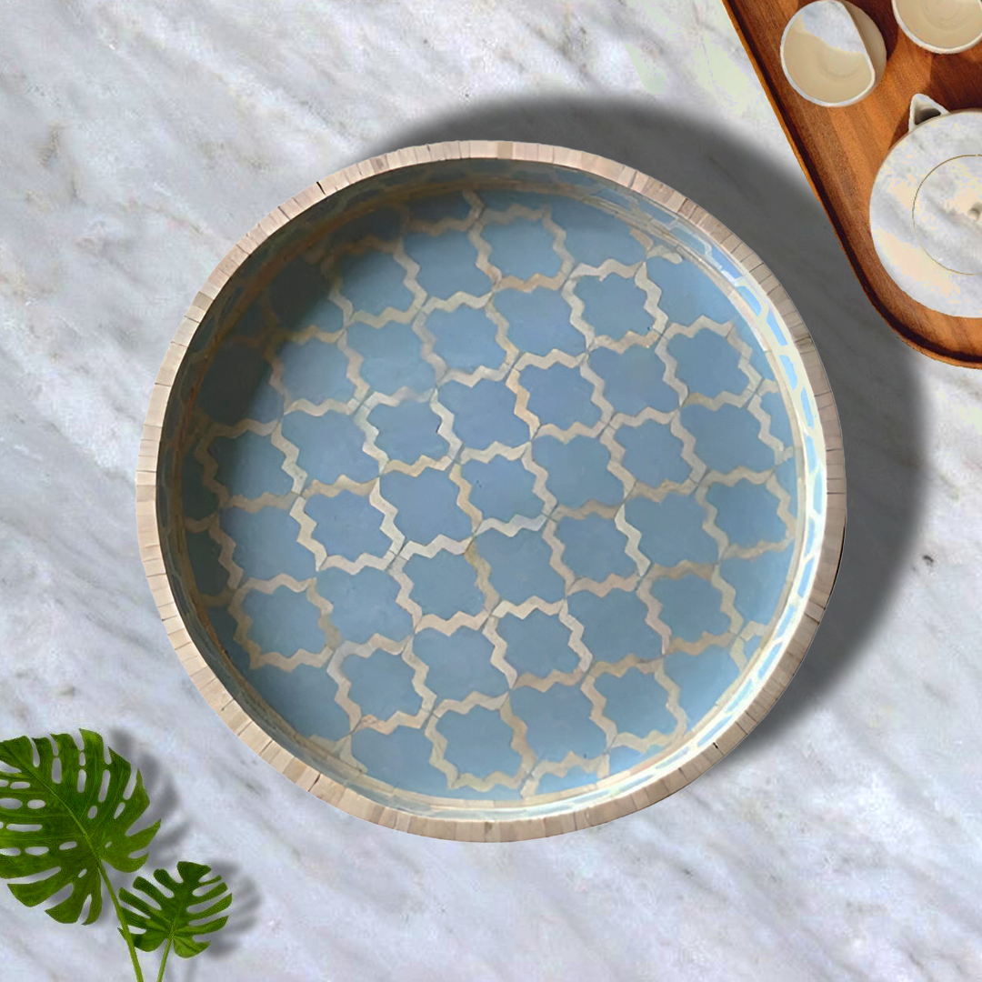 Bone Inlay Round Tray In Geometric Mughal Design – Blue