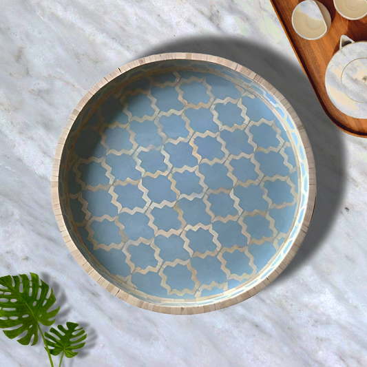 Bone Inlay Round Tray In Geometric Mughal Design – Blue