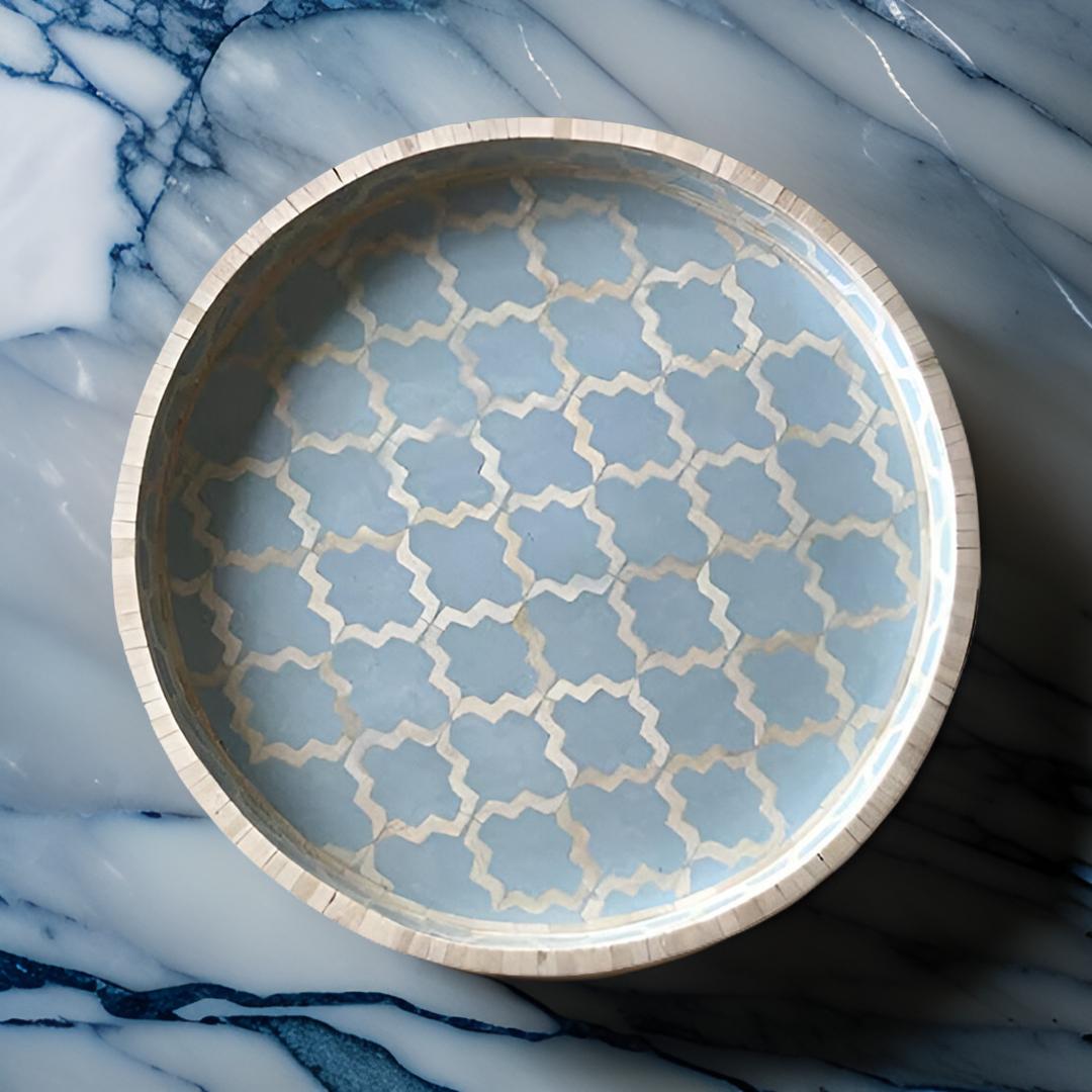 Bone Inlay Round Tray In Geometric Mughal Design – Blue