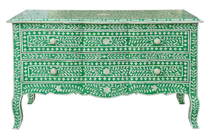 Handmade Green Bone Inlay Personalized Crafted Floral Vintage Chest of 2 Drawers