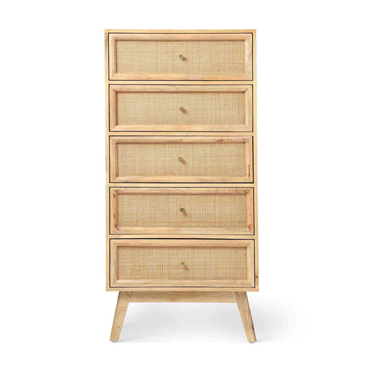 Handcrafted Classic 5-Drawer Wooden Chest / Cane Work-Tall Dresser
