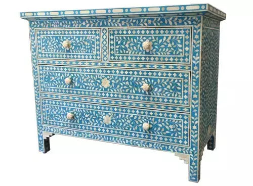 HANDMADE BRIGHT BLUE BONE INLAY CHEST OF 4 DRAWERS FOR HOME DECOR