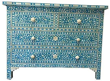HANDMADE BRIGHT BLUE BONE INLAY CHEST OF 4 DRAWERS FOR HOME DECOR