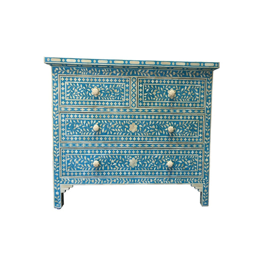 HANDMADE BRIGHT BLUE BONE INLAY CHEST OF 4 DRAWERS FOR HOME DECOR