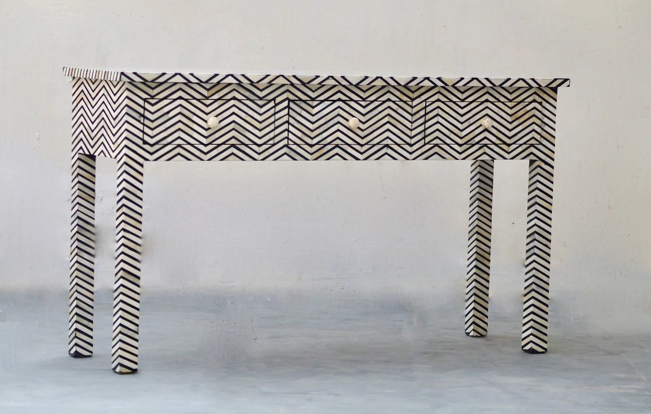 HANDMADE BONE INLAY CONSOLE TABLE IN BLACK AND WHITE CHEVRON PATTERN