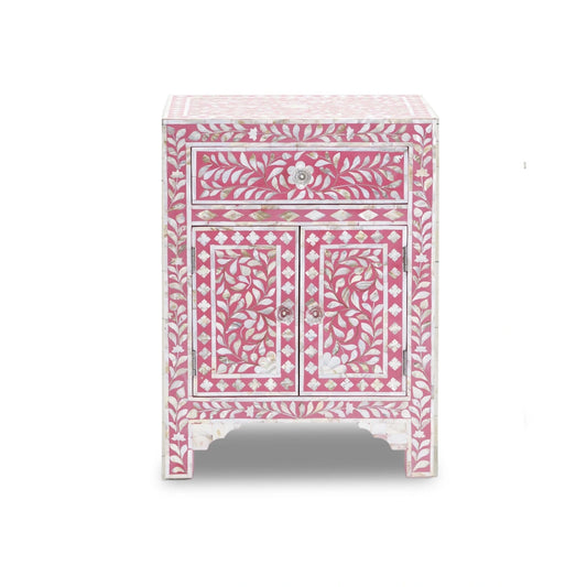 HANDMADE FLORAL PATTERN PINK BONE INLAY FLORAL PATTERN BED SIDE TABLE