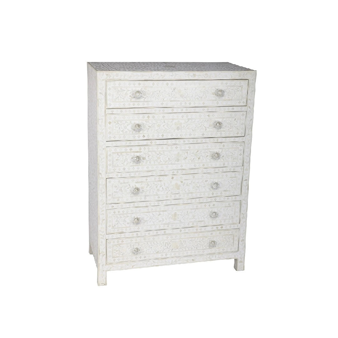 Bone Inlay Chest of 6 Drawers | White Floral Dresser