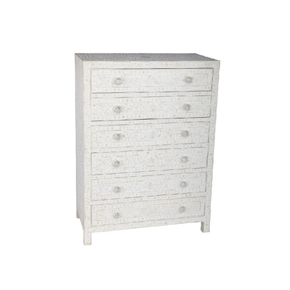 Bone Inlay Chest of 6 Drawers | White Floral Dresser