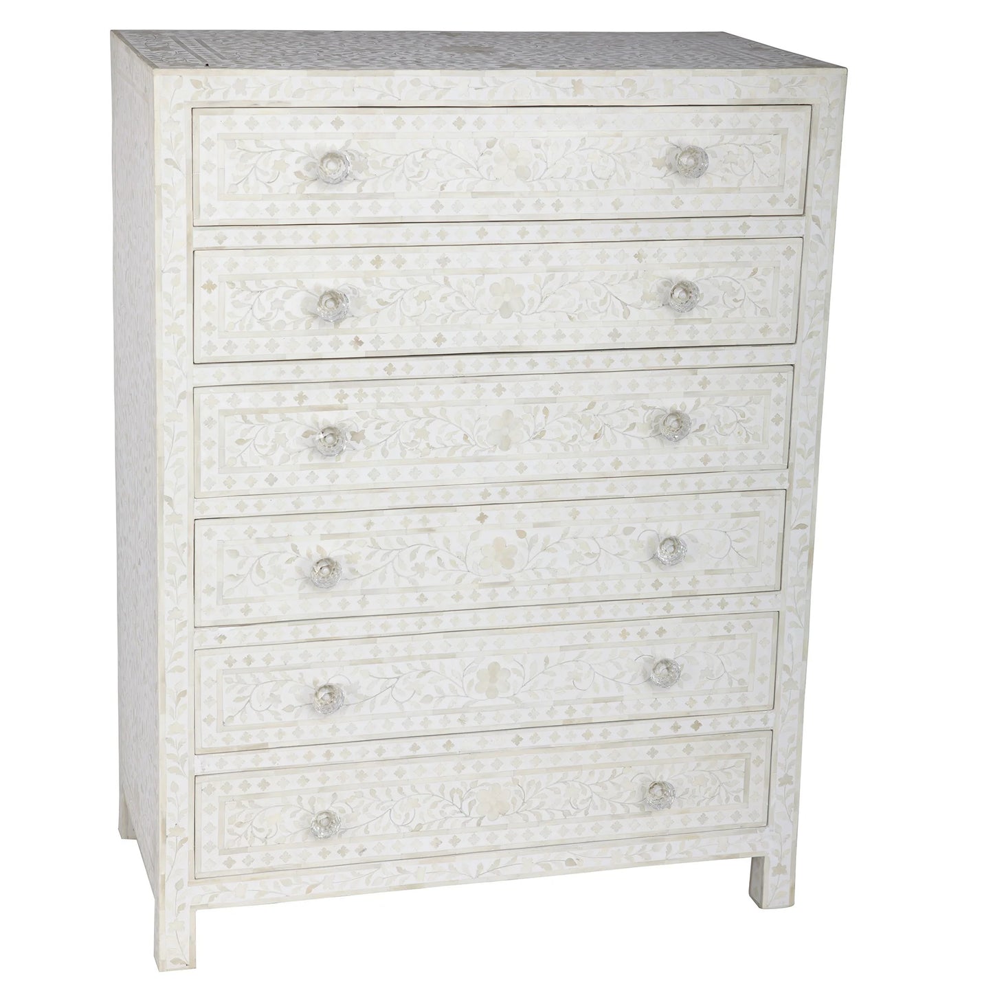 Bone Inlay Chest of 6 Drawers | White Floral Dresser