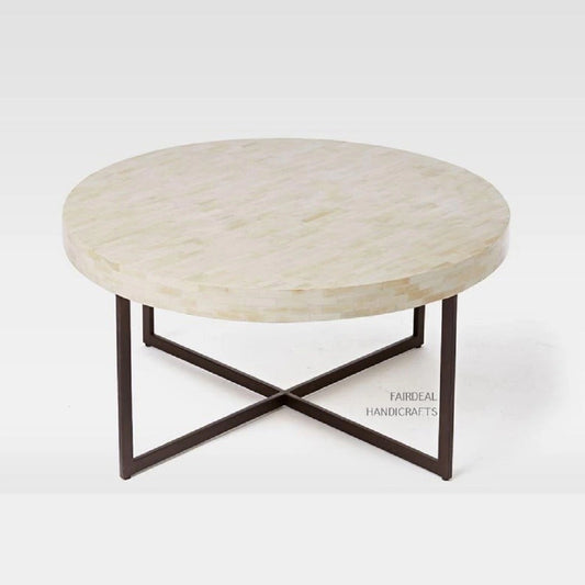 Geometric White Bone Inlay Round Coffee Table - Fairdeal Handicrafts