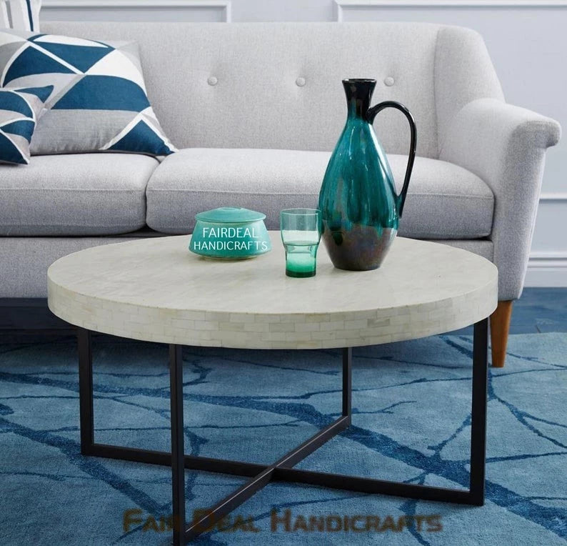 Geometric White Bone Inlay Round Coffee Table - Fairdeal Handicrafts