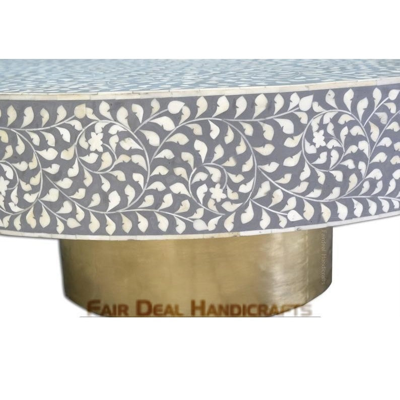 Floral Grey Bone Inlay Round Coffee Table - Fairdeal Handicrafts