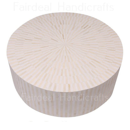 Geometric Striped White Bone Inlay Round Coffee Table - Fairdeal Handicrafts
