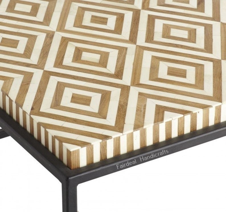 Geometric Pattern Square Brown Bone Inlay Coffee Table - Fairdeal Handicrafts