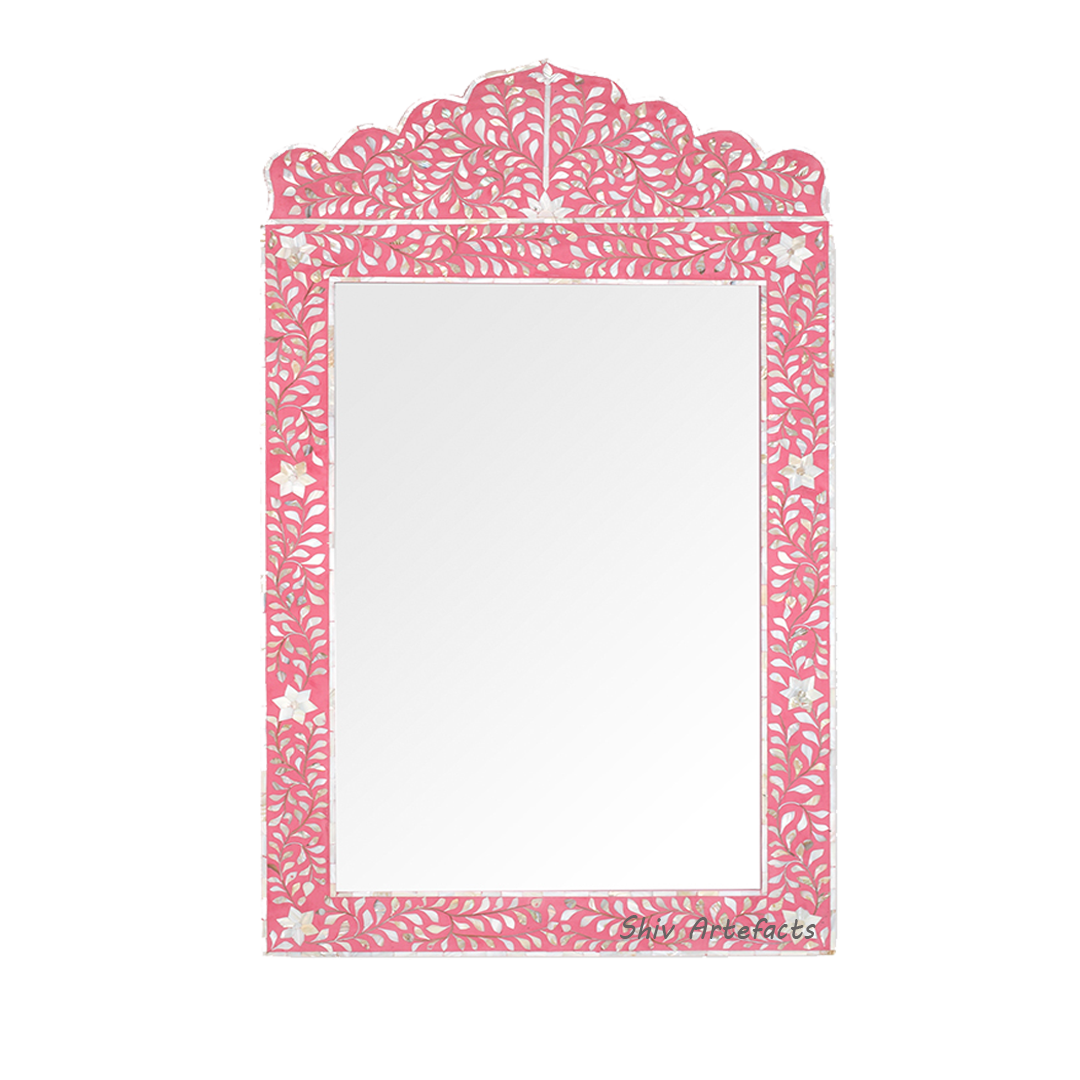 Handmade Bone Inlay Scalloped Pink Floral Pattern Mirror Frame for Home Decor