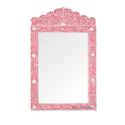 Handmade Bone Inlay Scalloped Pink Floral Pattern Mirror Frame for Home Decor