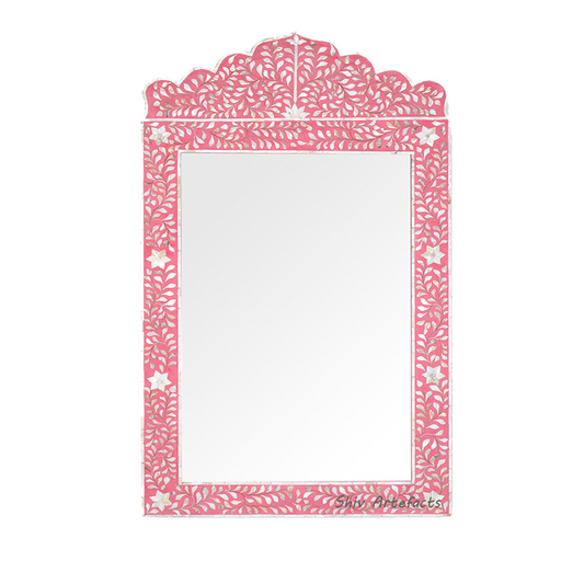 Handmade Bone Inlay Scalloped Pink Floral Pattern Mirror Frame for Home Decor