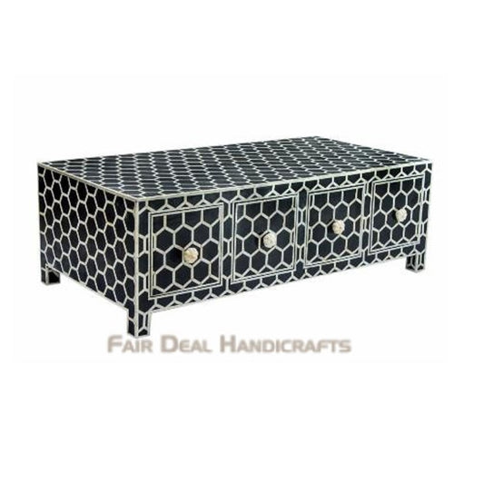 Geometric Honeycomb Pattern Bone Inlay Coffee Table - Fairdeal Handicrafts