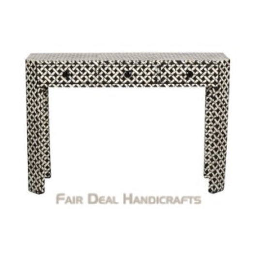 HANDMADE BLACK BONE INLAY CONSOLE TABLE IN GEOMETRICAL MESH DESIGN