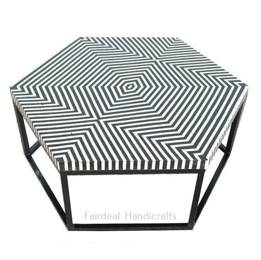 Geometric Hexagonal Bone Inlay Black Coffee Table - Fairdeal Handicrafts