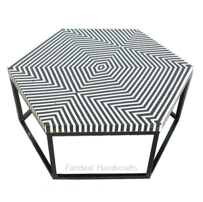 Geometric Hexagonal Bone Inlay Black Coffee Table - Fairdeal Handicrafts