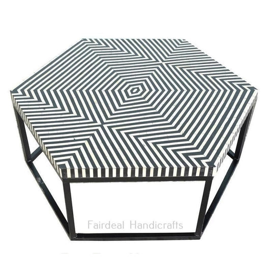 Geometric Hexagonal Bone Inlay Black Coffee Table - Fairdeal Handicrafts