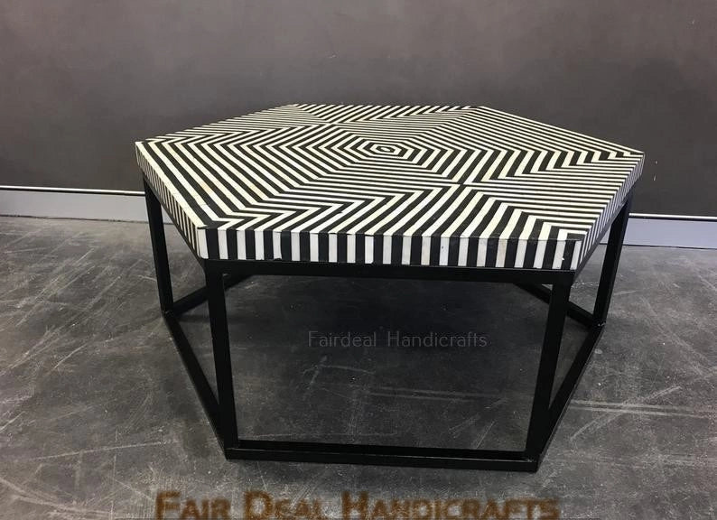 Geometric Hexagonal Bone Inlay Black Coffee Table - Fairdeal Handicrafts